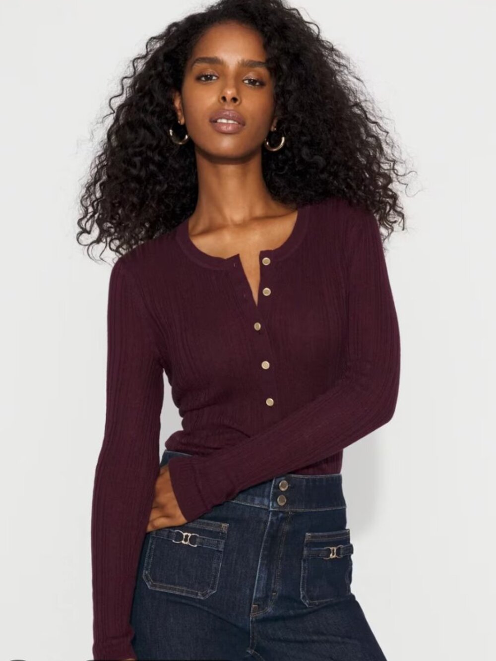 NWT WHBM Ribbed Henley Sweater Wool Blend Women's XL Plum Chic Light Preppy